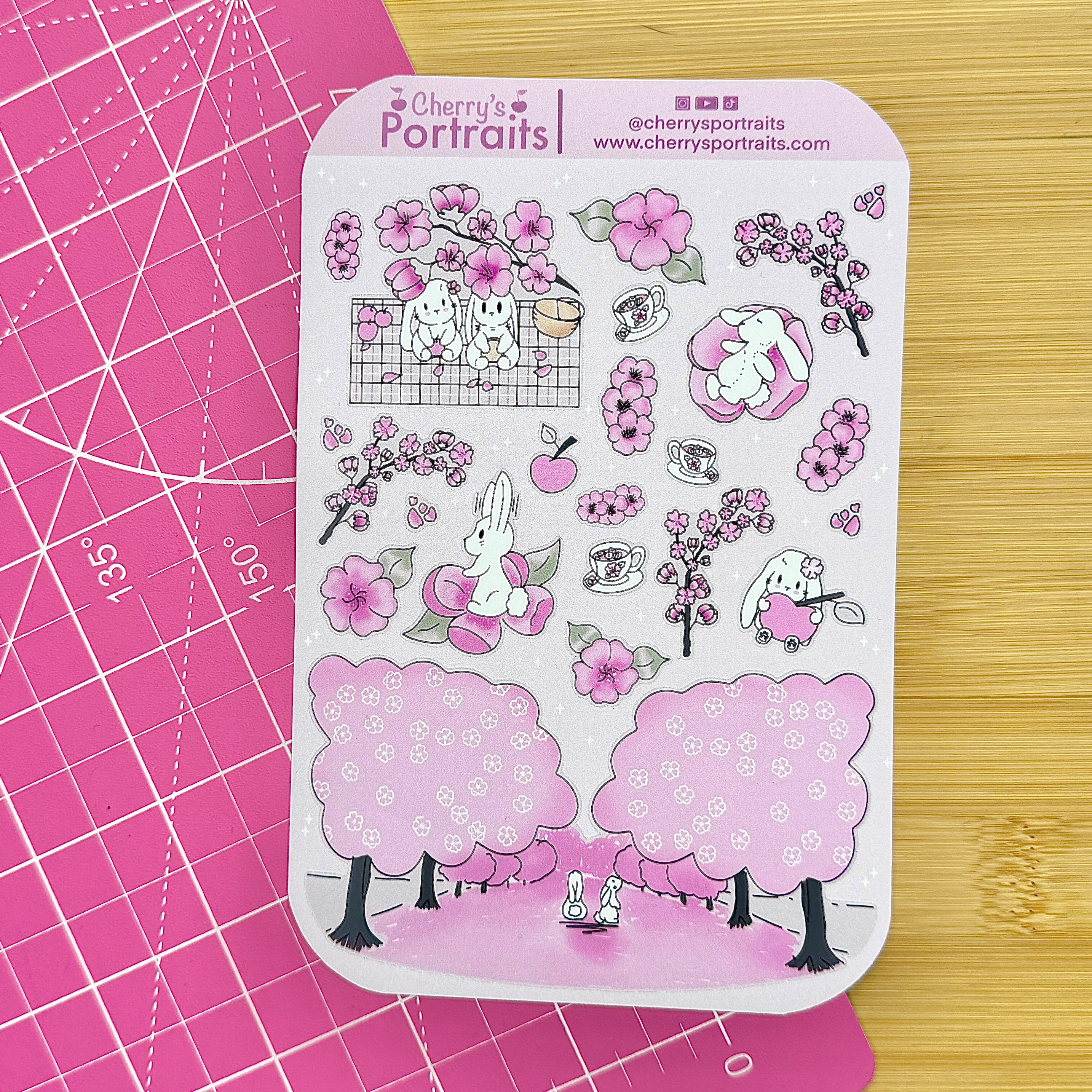 Sakura Bunny Sticker Sheet | Waterproof Matte Stickers