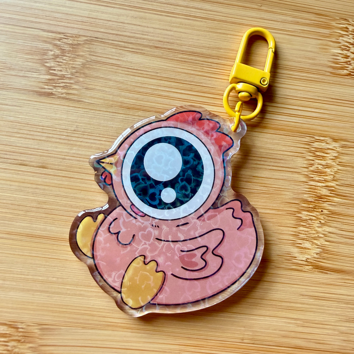 Cute Pink Chicken Acrylic Keychain — 2.5 Inch Sparkly Epoxy Charm with Yellow Clasp