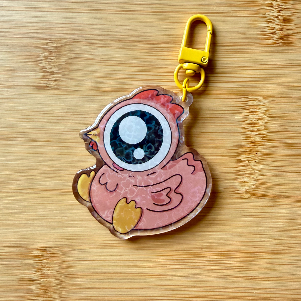 Cute Pink Chicken Acrylic Keychain — 2.5 Inch Sparkly Epoxy Charm with Yellow Clasp
