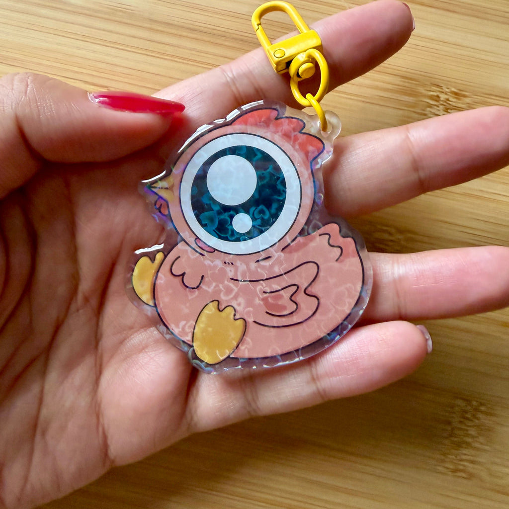 Cute Pink Chicken Acrylic Keychain — 2.5 Inch Sparkly Epoxy Charm with Yellow Clasp