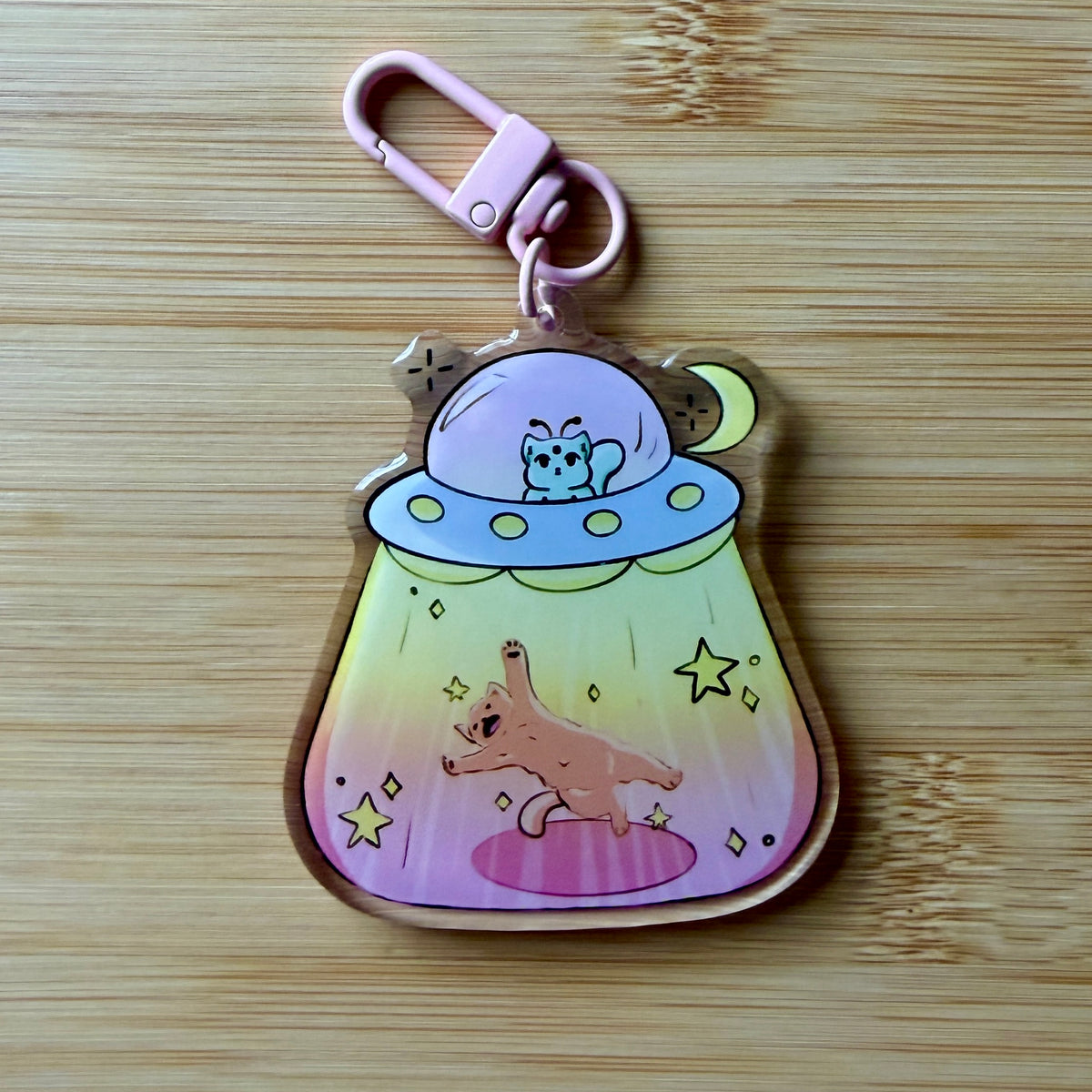 Pastel Alien Cat Abduction Keychain — Orange Tabby & UFO Acrylic Bag Charm