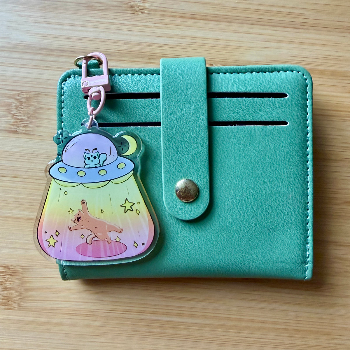 Pastel Alien Cat Abduction Keychain — Orange Tabby & UFO Acrylic Bag Charm