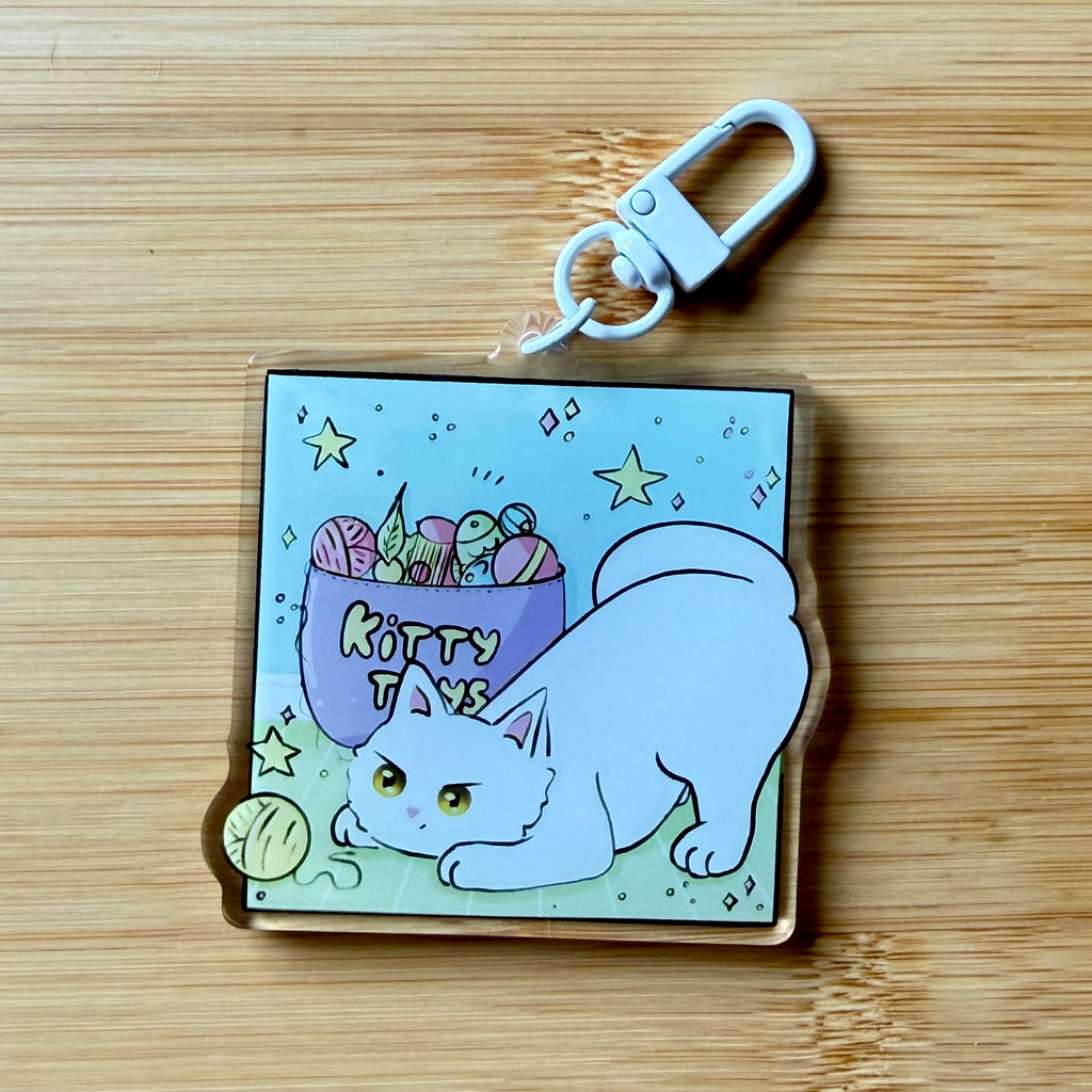 Cute White Cat & Kitty Toys Acrylic Keychain — 2.5 Inch Glossy Charm with White Clasp