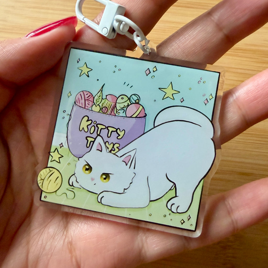 Cute White Cat & Kitty Toys Acrylic Keychain — 2.5 Inch Glossy Charm with White Clasp