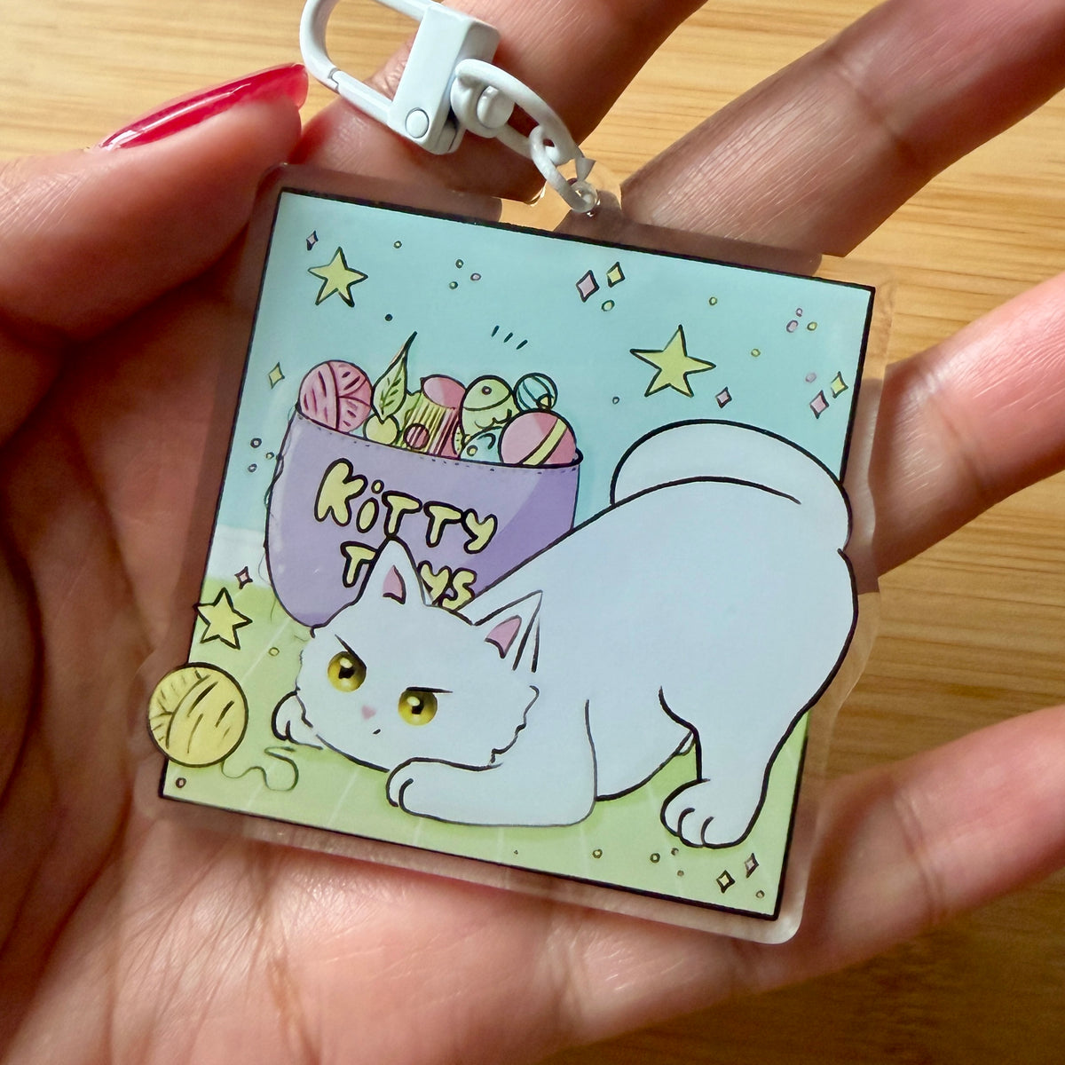 Cute White Cat & Kitty Toys Acrylic Keychain — 2.5 Inch Glossy Charm with White Clasp
