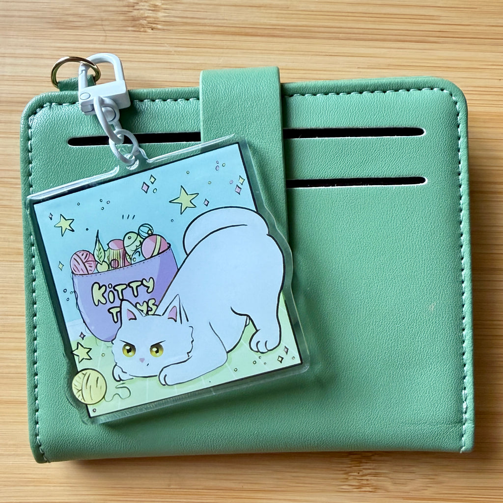 Cute White Cat & Kitty Toys Acrylic Keychain — 2.5 Inch Glossy Charm with White Clasp