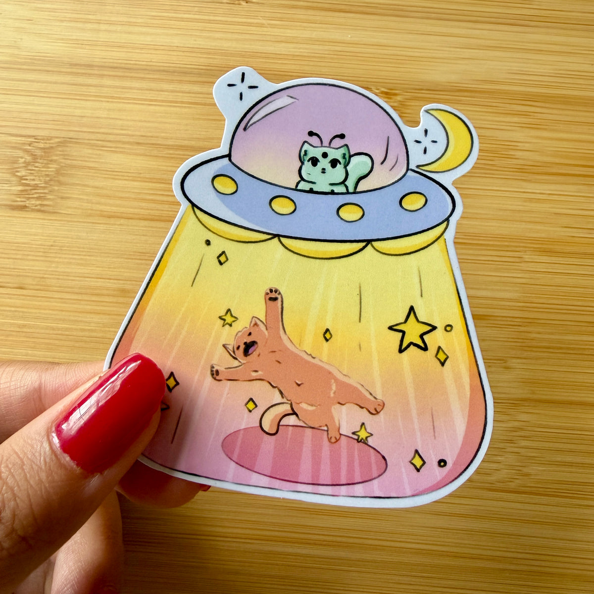 Pastel Alien Cat Abduction Vinyl Sticker — 3x3 Inch Waterproof Die-Cut Sticker