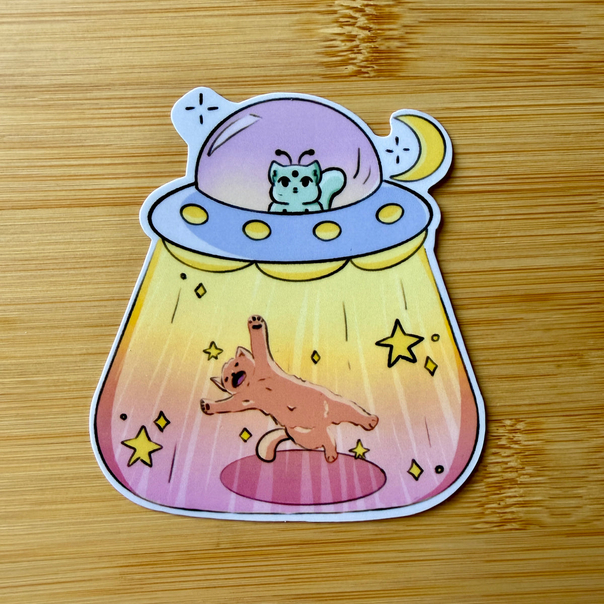 Pastel Alien Cat Abduction Vinyl Sticker — 3x3 Inch Waterproof Die-Cut Sticker