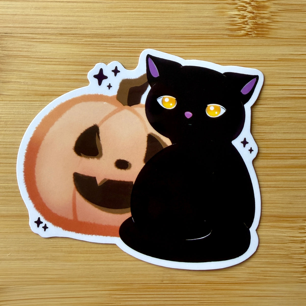 Black Cat & Jack-o'-Lantern Pumpkin Vinyl Sticker — Cute Spooky Halloween Decal