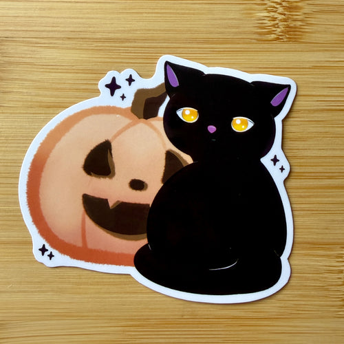 Black Cat & Jack-o'-Lantern Pumpkin Vinyl Sticker — Cute Spooky Halloween Decal