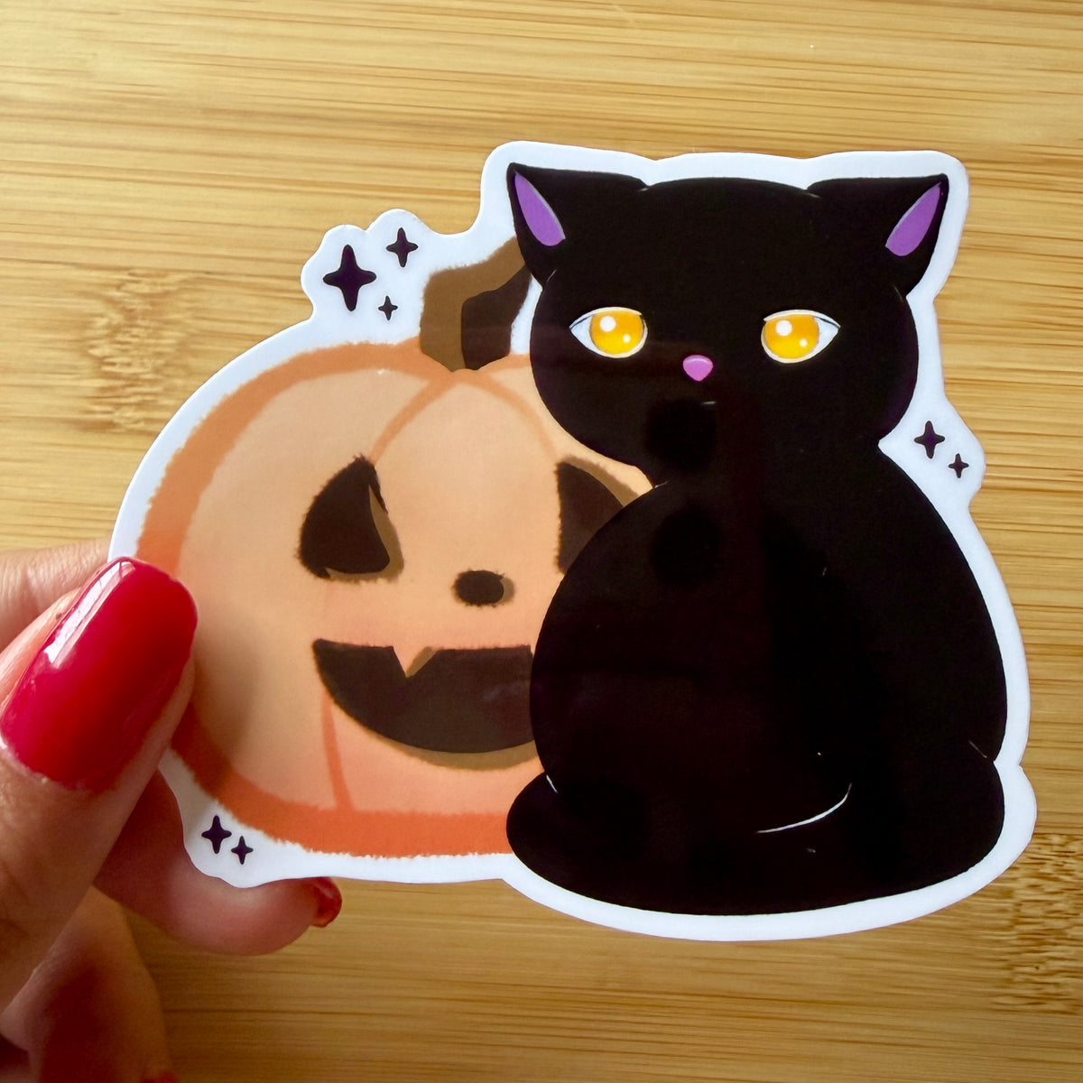 Black Cat & Jack-o'-Lantern Pumpkin Vinyl Sticker — Cute Spooky Halloween Decal